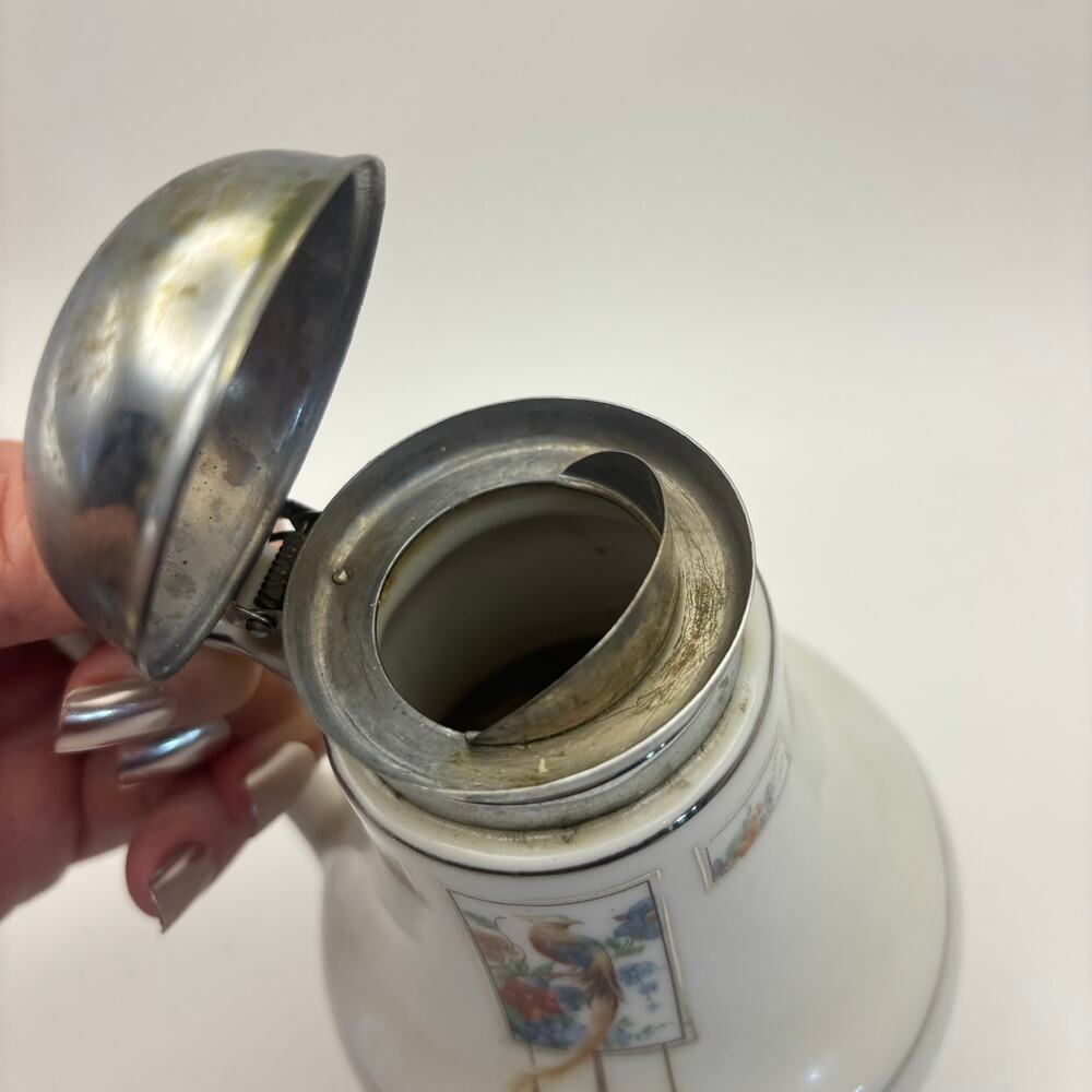 Royal Rochester Hand Painted Chocolate Pot Bird Floral Chrome Lid Vintage - Picture 4 of 6